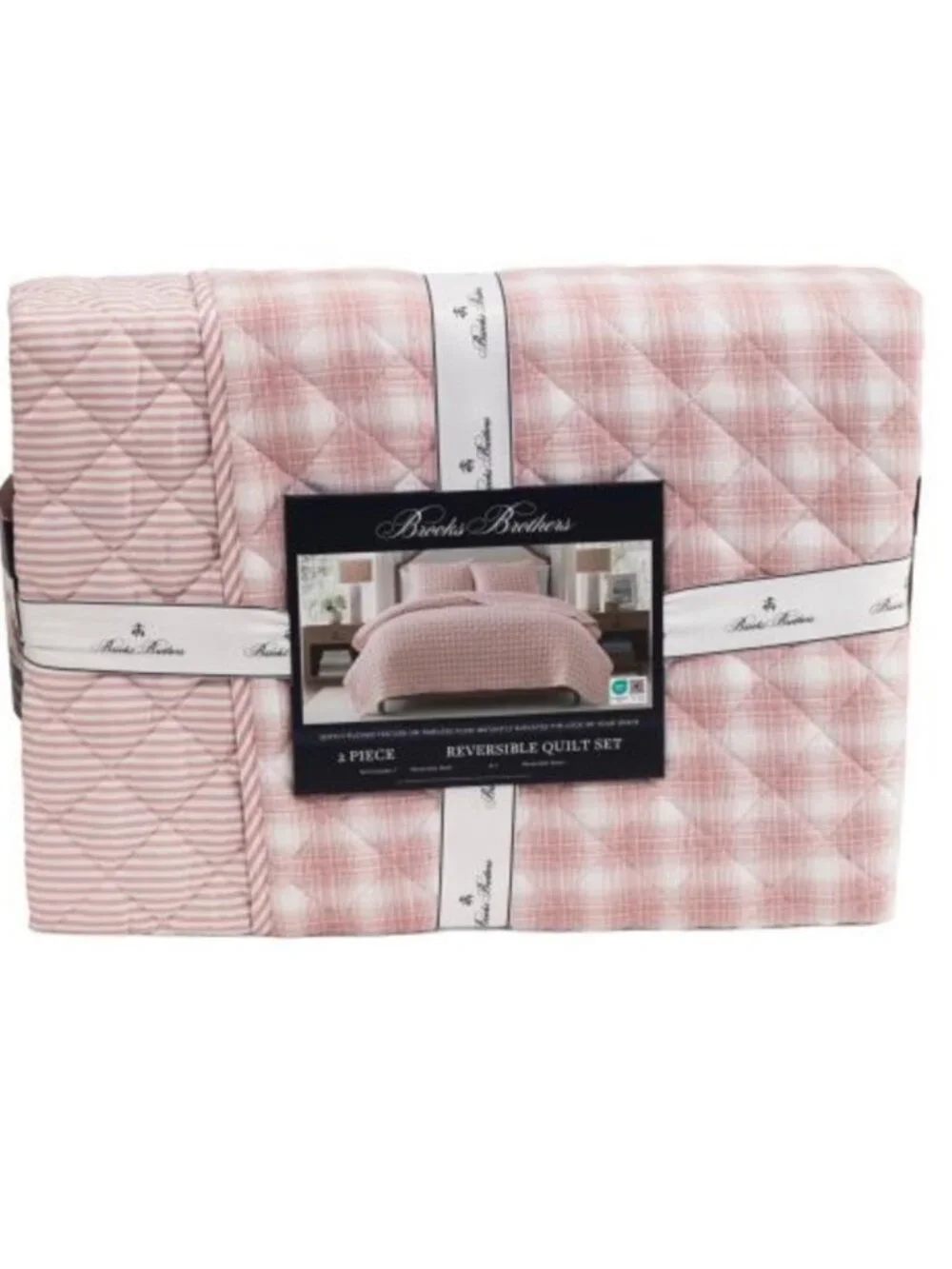 Brooks Brothers Pink Plaid Reversible Quilt Set